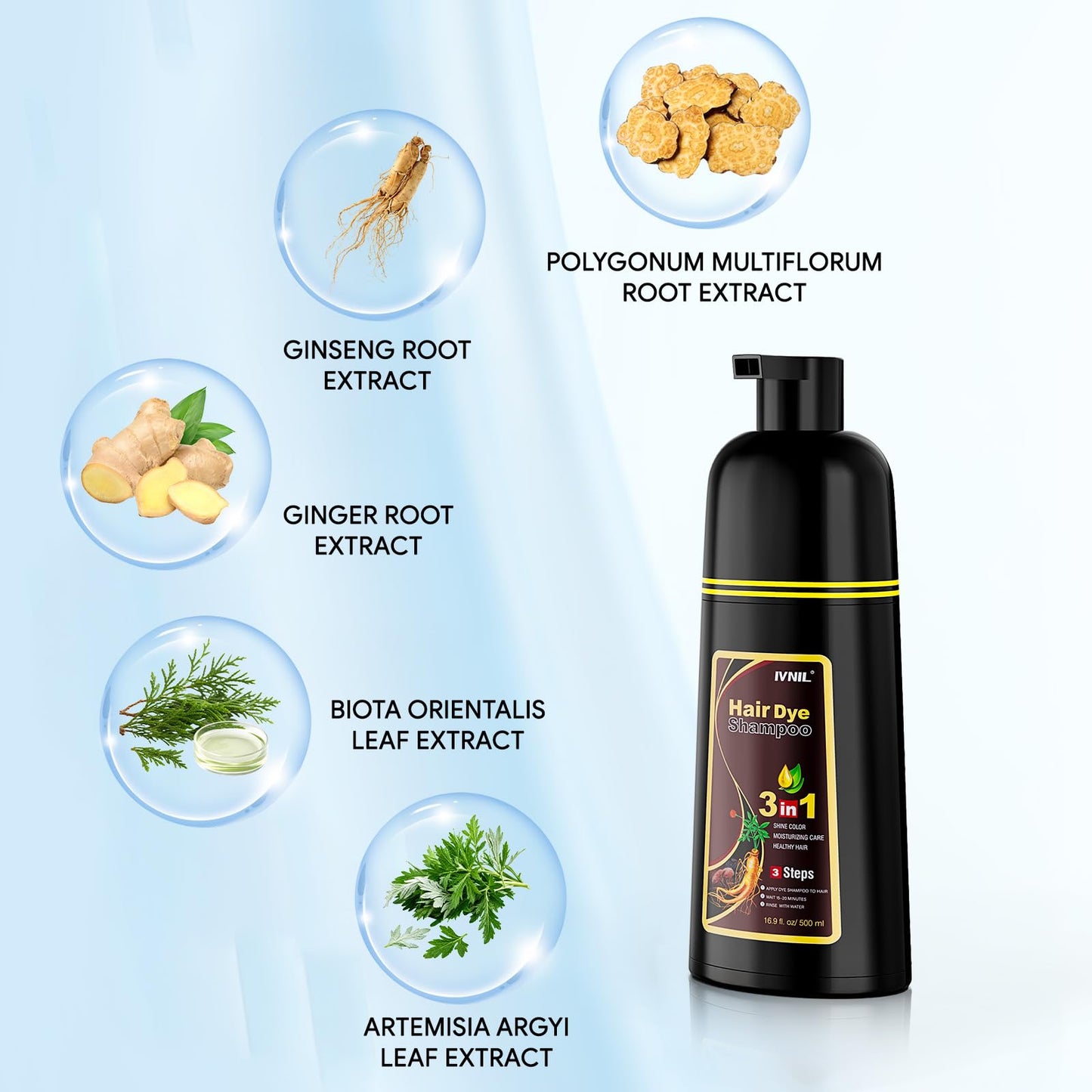 Ivnil Dark Brown Hair Dye Shampoo 3 in 1 Hair Color for Women/Men for Grey Coverage Champu Para Canas Mujer