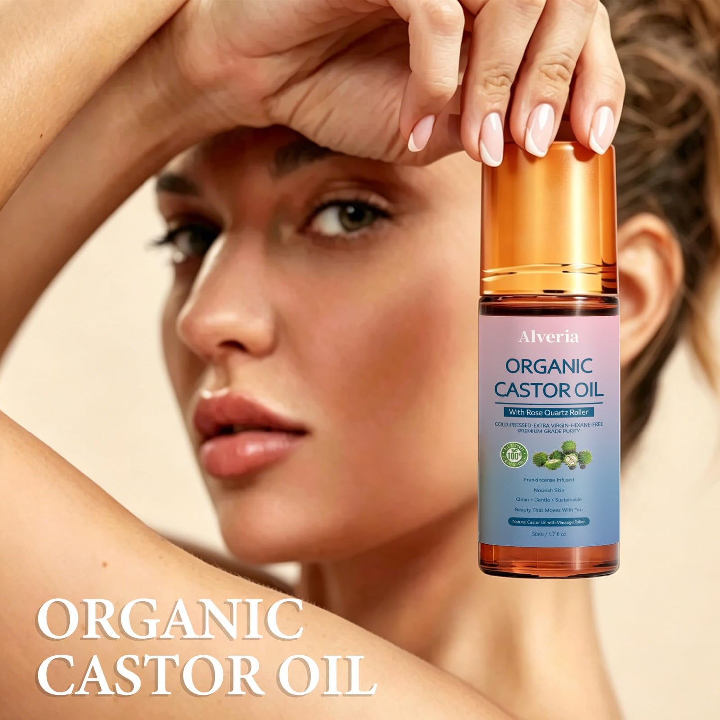 Alveria Organic Castor Oil Roll-On with Cooling Rose Quartz Roller – 100% Cold-Pressed, Hexane-Free Formula for Face, Body, Hair, Brows & Lashe, Daily Moisturizing Care (1)