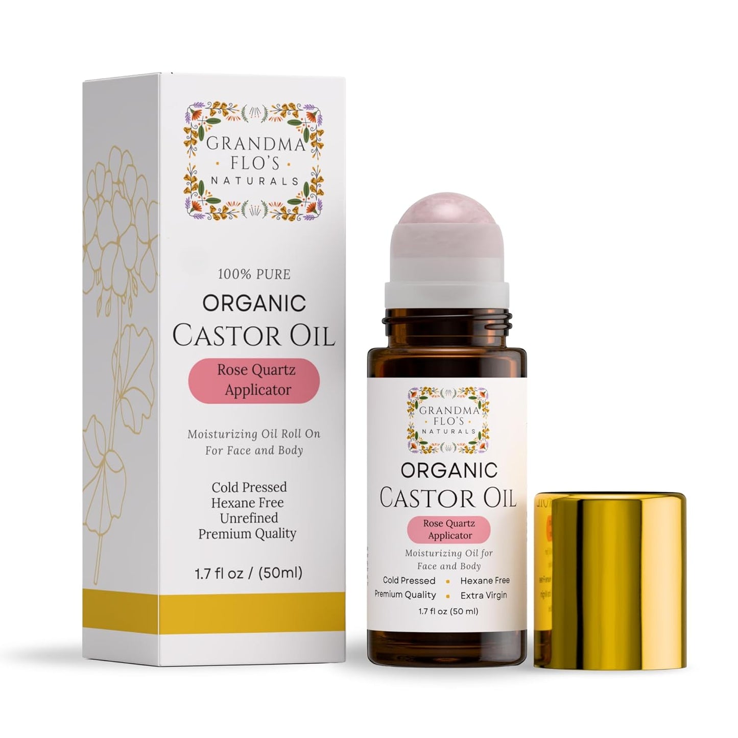 Organic Castor Oil with Rose Quartz Roll-On | Cold Pressed, Hexane Free, Unrefined - 50ml for Hair Growth & Skin Moisturizing