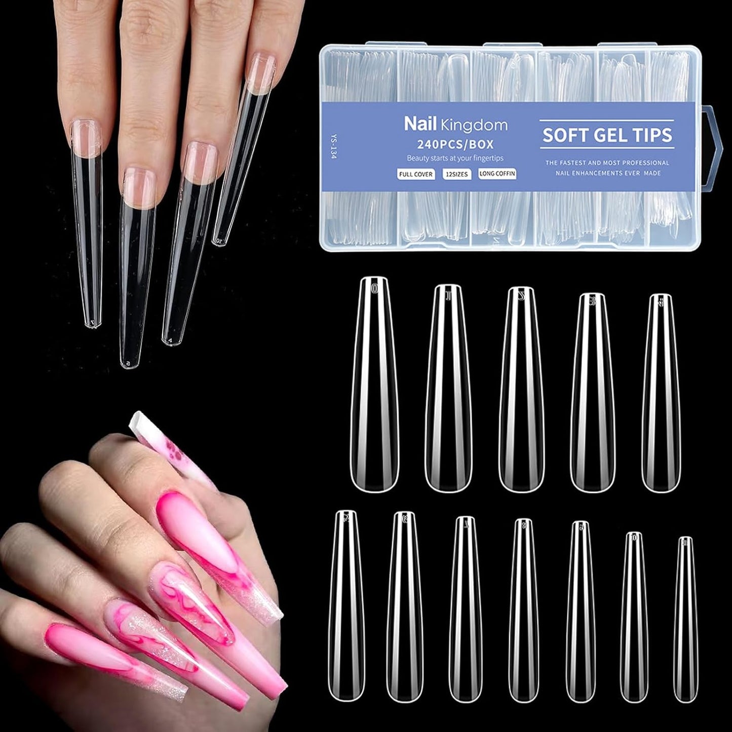 Coffin/Ballerina Clear Press-On Nails - 240 Pcs Gel Nail Tips for Extensions | 3XL Long Size