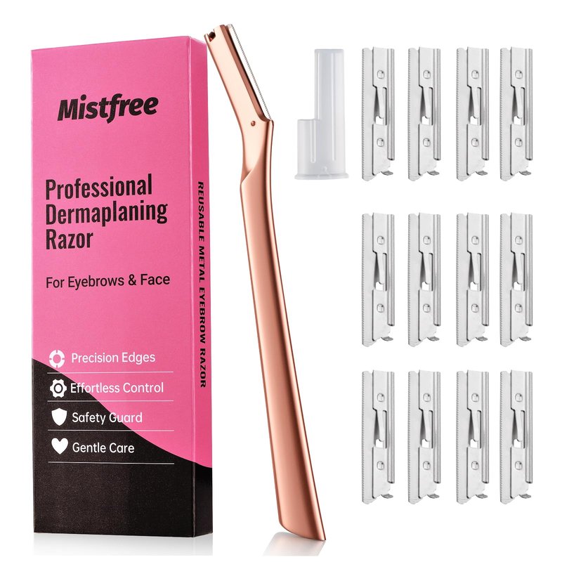 Mistfree Professional Dermaplane Razor, Reusable Stainless Steel Dermaplane Razor for Women Face, Face Dermaplaning Tool with 12PCS Refill Blades, Metal Eyebrow Razor for Women and Men (Rose Gold)