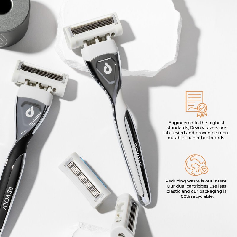 REVOLV - Men’s Razor Shaving Kit - 1 Premium Weighted Handle + 5 Dual-Sided Cartridges + 1 Stand - For a Closer, Smoother Shave - Safe on Sensitive Skin - 4 Razor Blade Refills - Grey