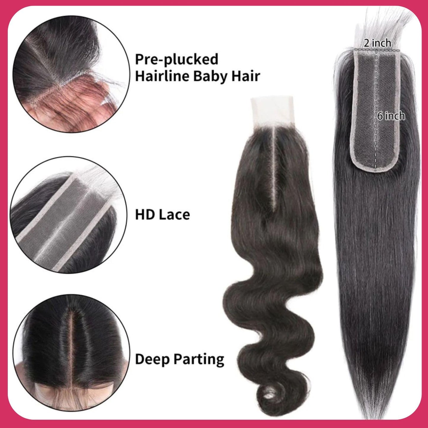 2x6 Hd Lace Closure, Middle part Straight Human Hair Closure Invisible Transparent HD Lace, 14 Inch 2 by 6 Lace Frontal Closure Only Bleached Knot Pre-Plucked Natural Hairline Natural black 14inch