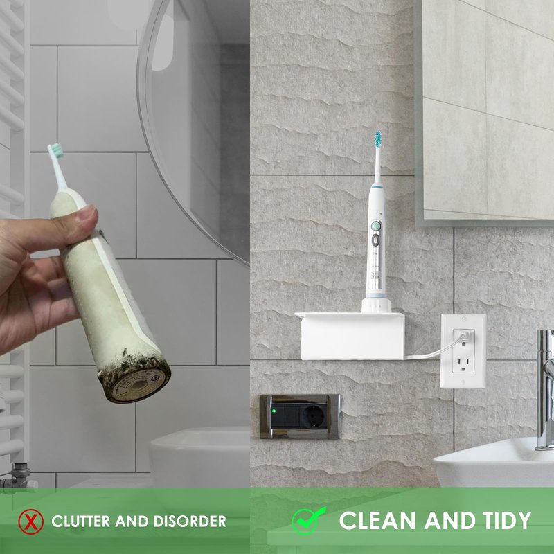 Haohaio Acrylic Electric Toothbrush Holder for Bathroom, Wall Mounted Electric Toothbrush Holder with Hidden Cable Management, Space-Saving and Convenient for Charging -White-2P