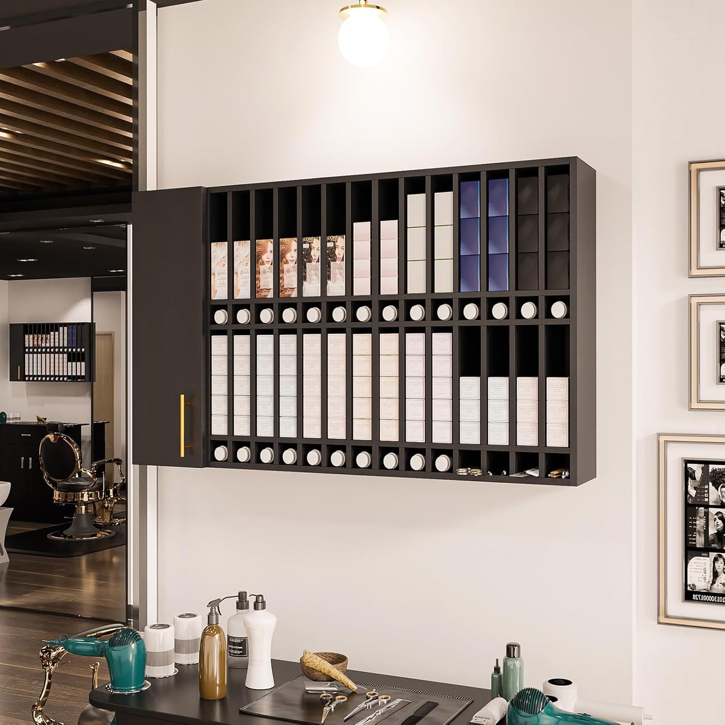 OmySalon Wall Mounted Salon Station - Hair Color Rack Organizer with Adjustable Shelves | Black
