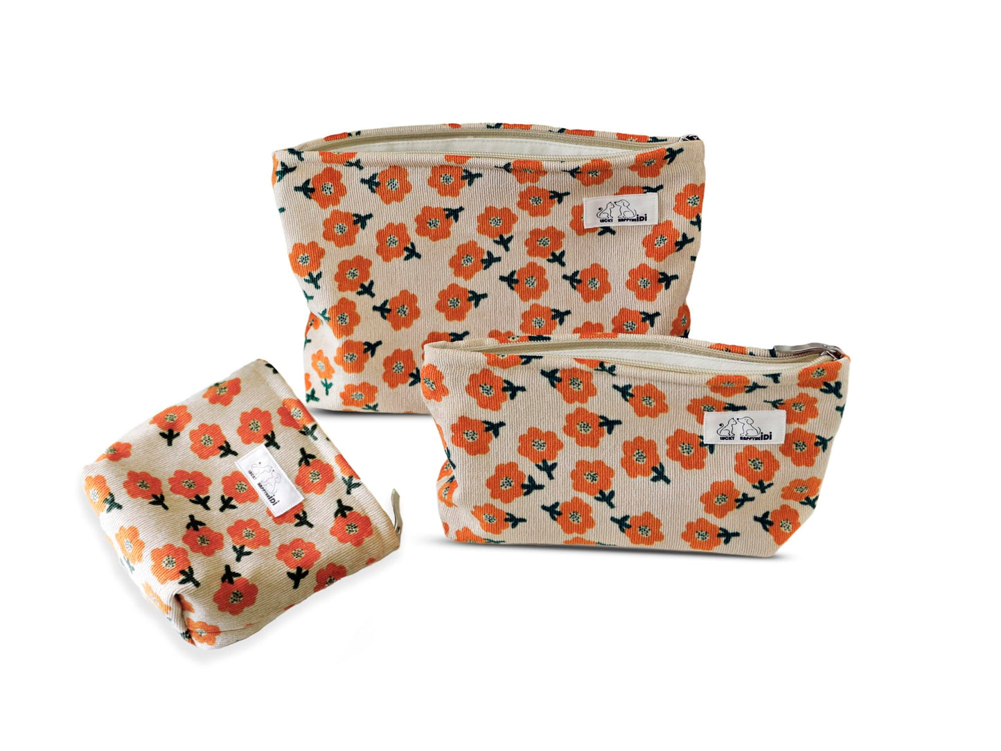 HAPPYHEIDI Makeup Bag Set 3 Cosmetic Toiletry Organizer Zipper Pouch for Purse Tote, Women Girls Gift, Large Medium Small, Beige Orange Floral Corduroy