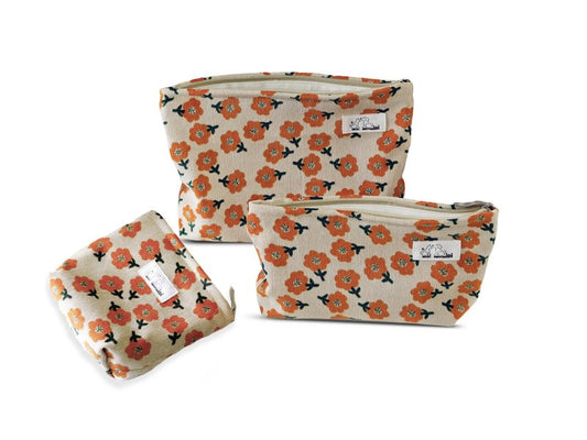 HAPPYHEIDI Makeup Bag Set 3 Cosmetic Toiletry Organizer Zipper Pouch for Purse Tote, Women Girls Gift, Large Medium Small, Beige Orange Floral Corduroy