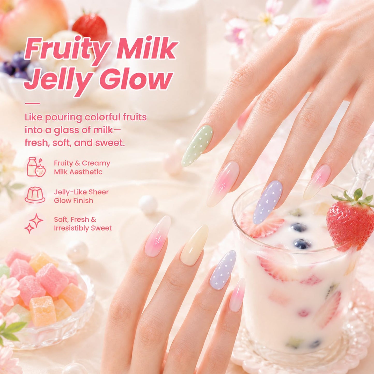 Beetles Fruity Milk Jelly Gel Nail Polish Set - 6 Colors Spring Pastel Gel Polish Kit Pink Purple Blue Peach Nude Green Yellow Sheer Translucent Effect Soak Off UV Nail Art Manicure Gift for Women
