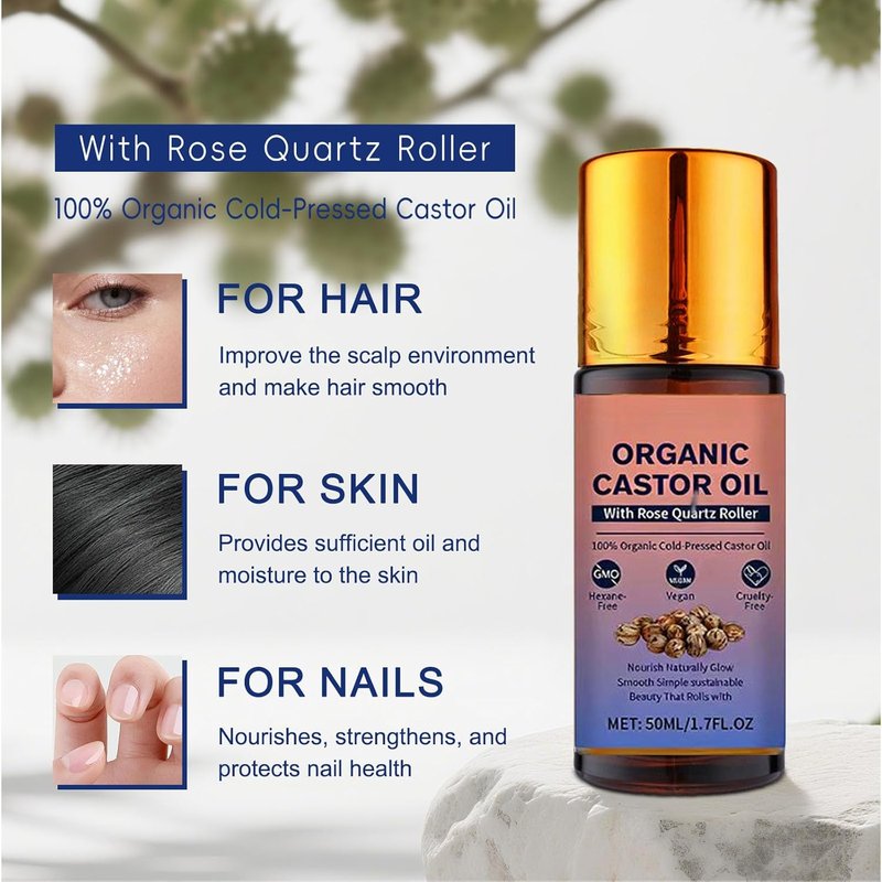 Organic Castor Oil Roll-On with Rose Quartz Roller | 100% Cold Pressed, Hexane-Free | Moisturizes Skin & Hair - 1 Piece