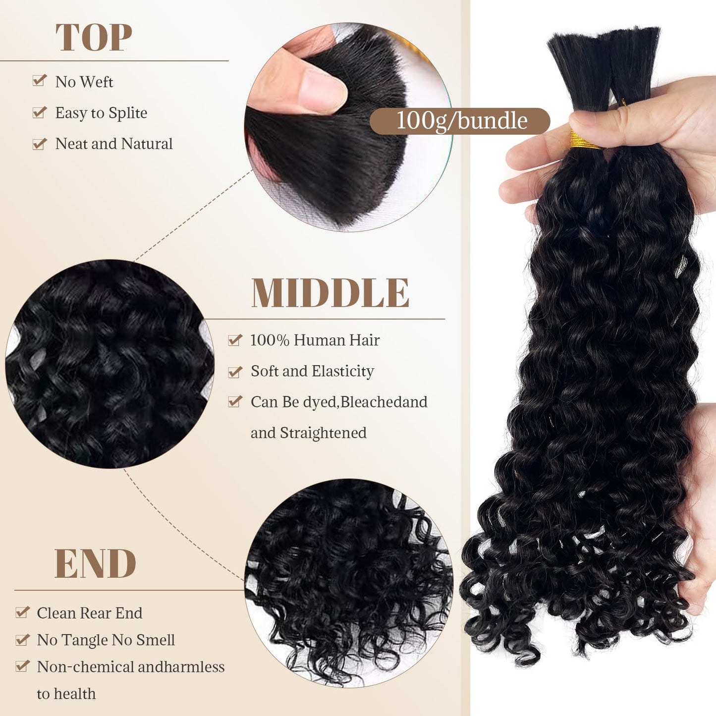 Curly Human Braiding Hair 100G Deep Water Wave Bulk Bohemian Hair for Braiding Knotless Braids 10A Curly Virgin Human Hair Extensions 2 Bundles 16" for Boho Braids Wet and Wavy Micro Braiding Hair