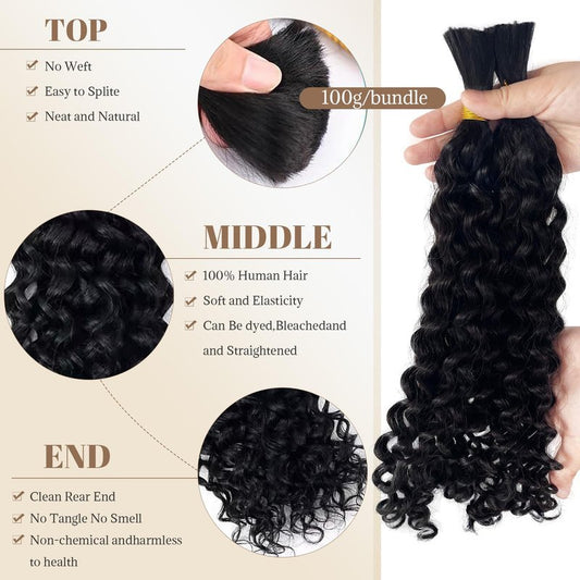 Curly Human Braiding Hair 100G Deep Water Wave Bulk Bohemian Hair for Braiding Knotless Braids 10A Curly Virgin Human Hair Extensions 2 Bundles 16" for Boho Braids Wet and Wavy Micro Braiding Hair