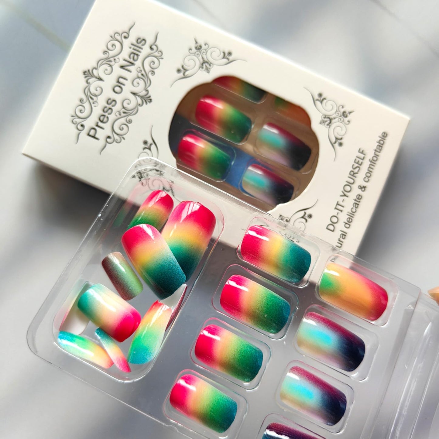 Ombre Press on Nails Colorful Gradient Smudge Fake Nails Medium Square False Nails Glossy Acrylic Nails Reusable Glue on Nails Spring Summer Full Cover Stick on Nails for Women 24Pcs