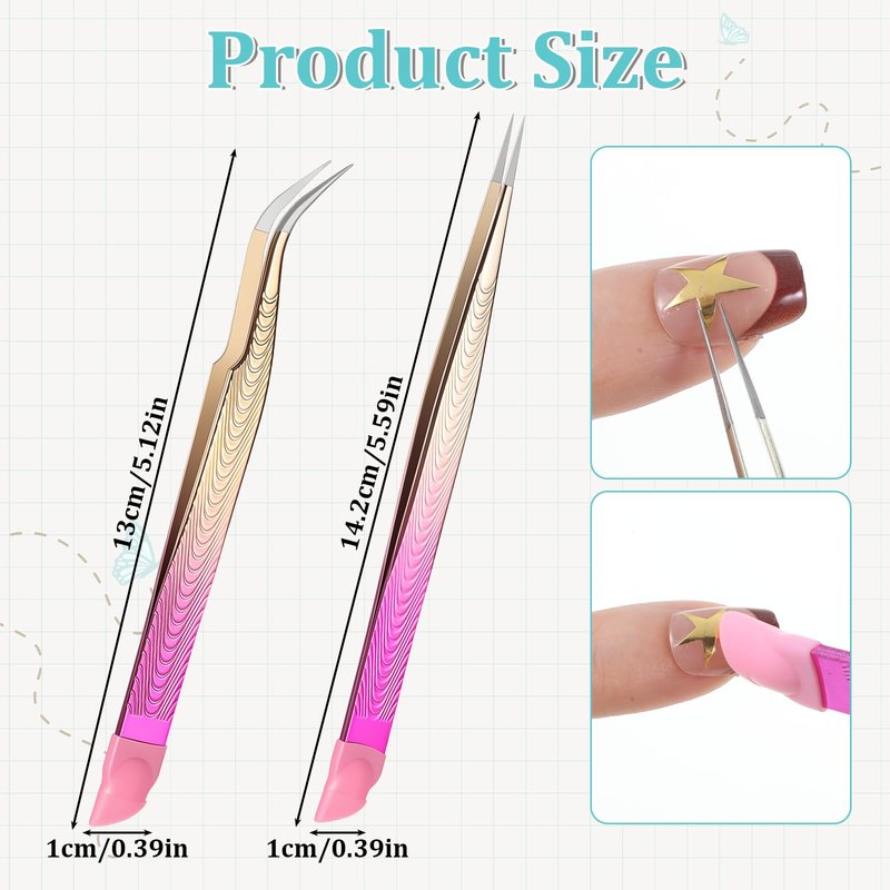 2PCS Crystal Pink Nail Tweezer, Double Ended Sticker Tweezers with Silicone Pressing Head for Craft, Precision Rhinestone Picker Tool for Jewelry Eyelash Nail Art, Curved Tip Tweezers Kit