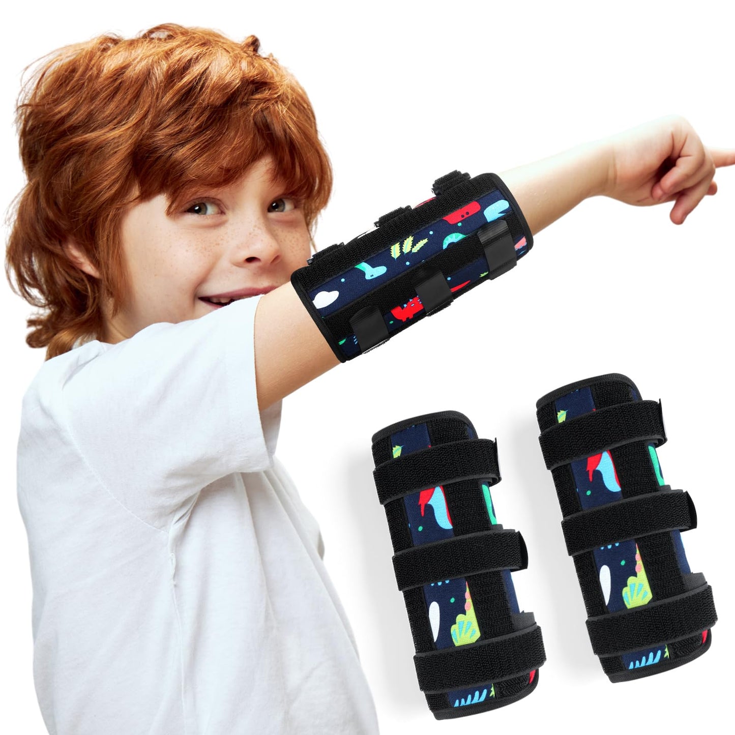Threlaco 2 Pack Thumb Sucking Stop for Kids Toddlers Nail Biting Treatment Finger Sucking Deterrent Guard Prevention Anti Nose Picking Pediatric Elbow Immobilizer for Boys Girls 2-6 Years(Dinosaur)