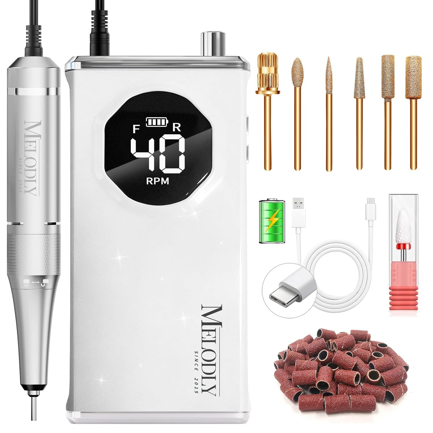 Electric Nail Drill File - 40000 RPM Rechargeable Efile Kit for Acrylic & Gel Nails | Portable Cordless with Gold Bits