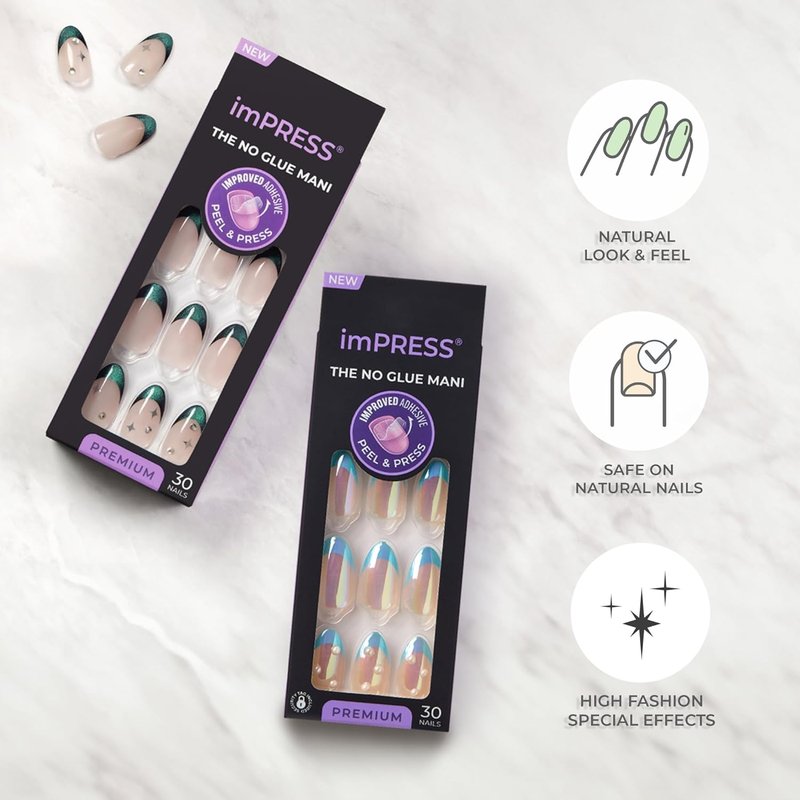 Impress No Glue Press-On Nails - 'Visions' Green Almond Shape | Medium Size, 30 Nails & Accessories Included
