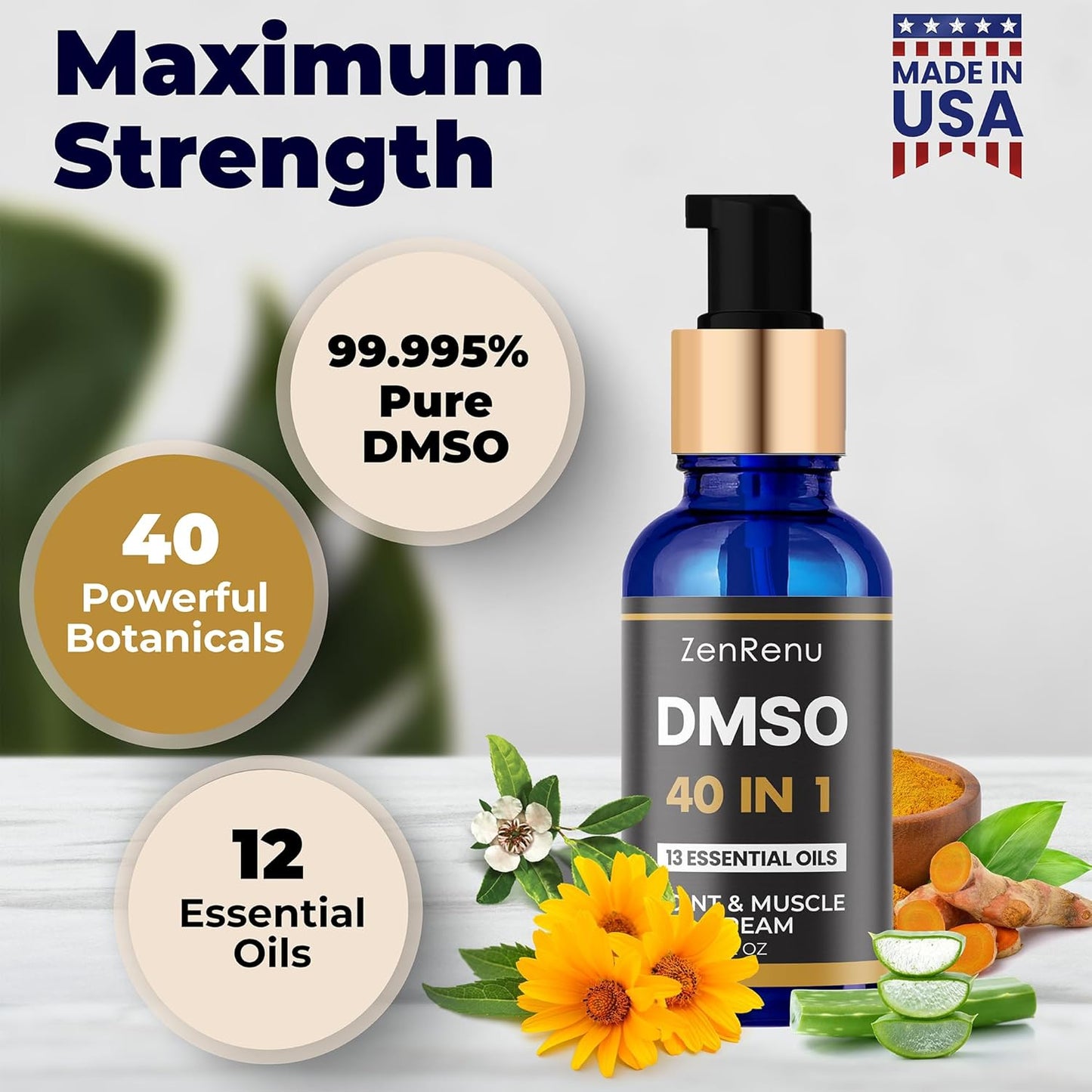 DMSO Cream 99.995% Pure - Advanced 40-in-1 Formula with 13 Essential Oils & Aloe Vera | 2 oz Glass Pump Bottle