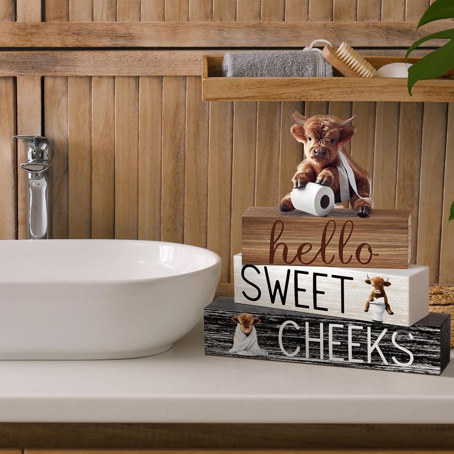 Highland Cow Bathroom Decor | 4 Pcs Farmhouse Style Table Centerpiece for Christmas & Valentine's Day