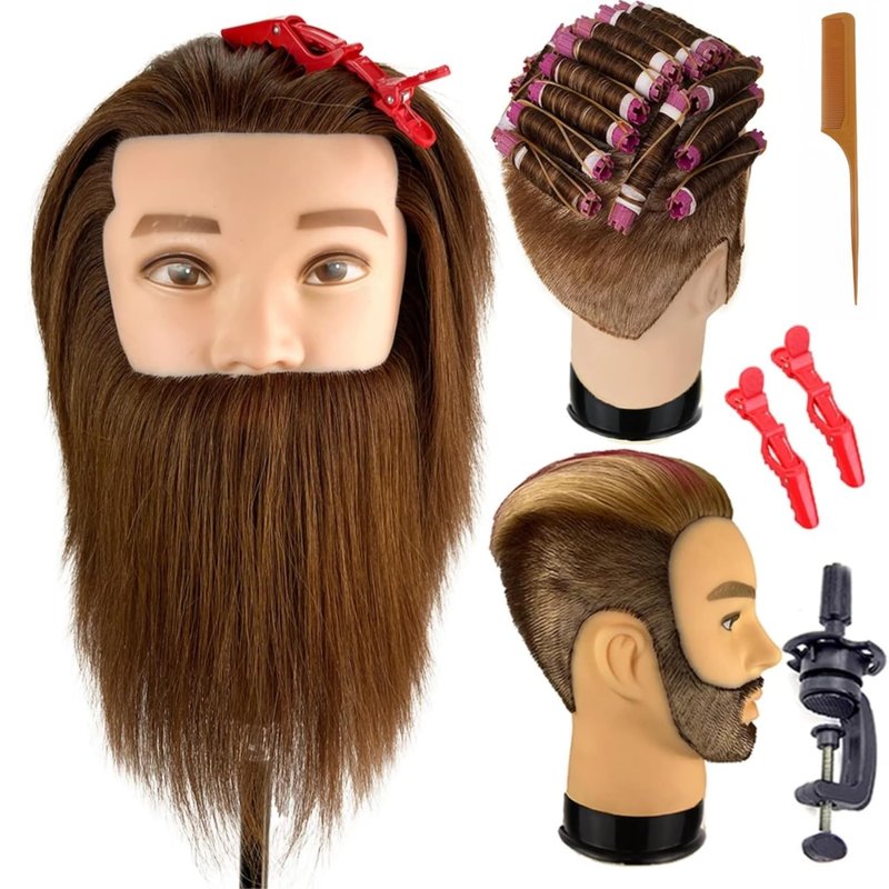 Czrleaty Mannequin Head Human Hair for Hair Styling, Barber Mannequin Head Male with 100% Human Hair and Beard Cosmetology Training Manikin Head for Hair Cutting