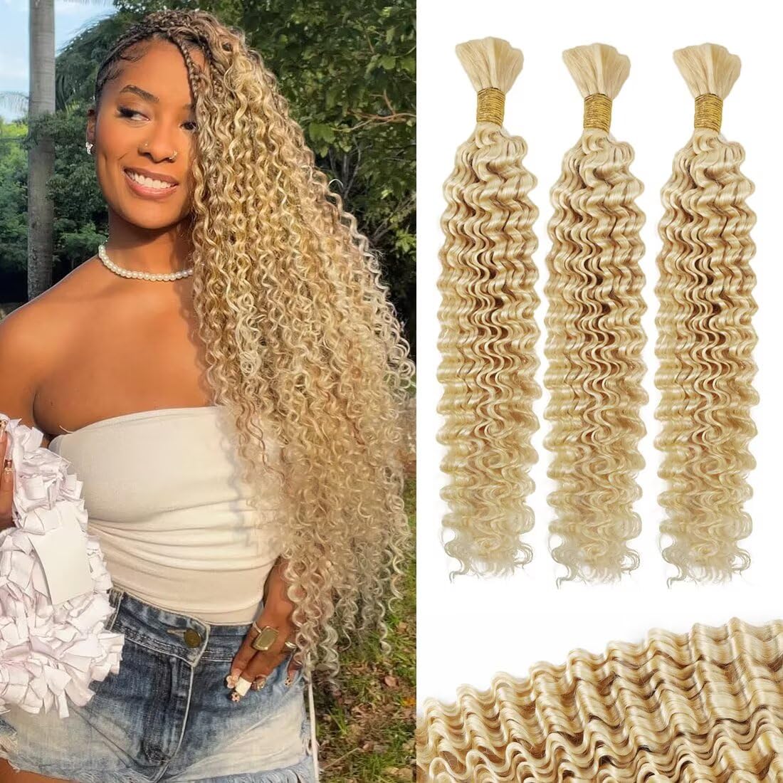 Human Braiding Hair - Deep Water Wave 16 Inch Curly Extensions | 5 Bundles P4/27 for Boho Braids