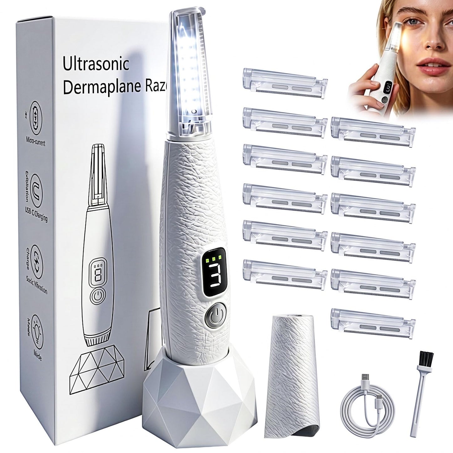 Sonic Dermaplane Razor for Women Face with 12 Refill Blades, Dermaplaning Tools for Peach Fuzz & Exfoliation, Eyebrow & Face Hair Remover,3 peeds,LED, Rechargeable Dermaplane Razor,White