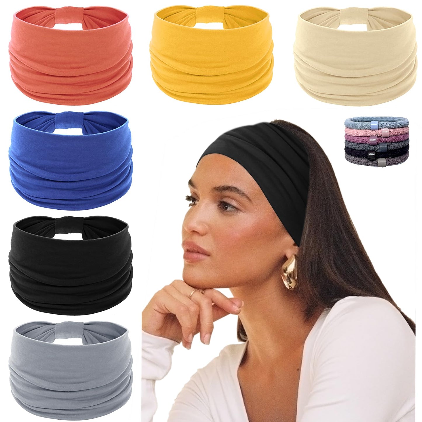 KU Wide Headbands for Women Non Slip 6 Pack Soft Elastic Hair Bands Sports Yoga Running Gym Workout Knotted Head Wraps, Cotton Cloth African Turbans Solid Color-With 6 Pcs Hair Ties