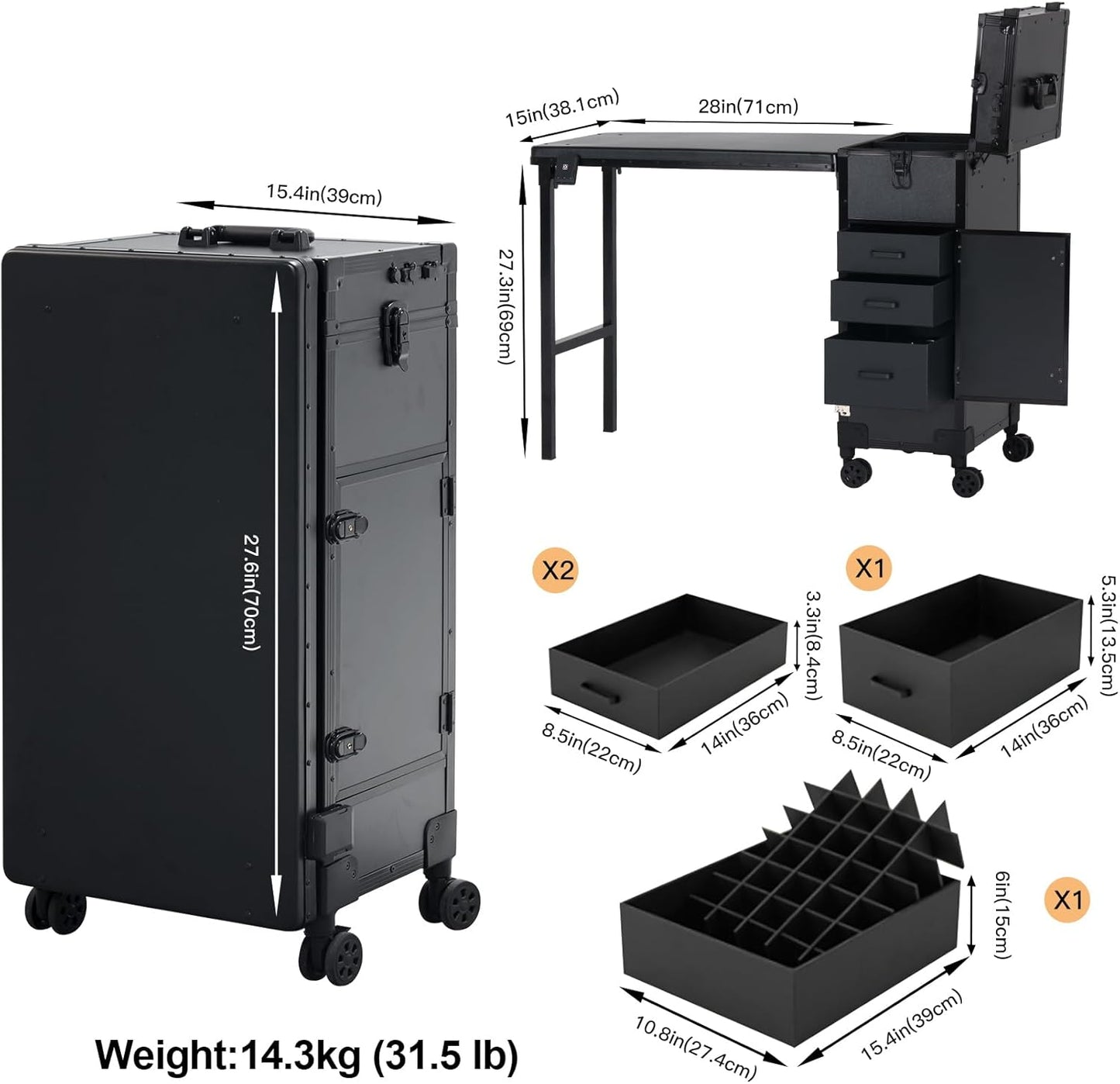 Portable Nail Desk - Foldable Manicure Table with 3 Drawers & Mirror | Mobile Nail Tech Workstation with Wheels, Black