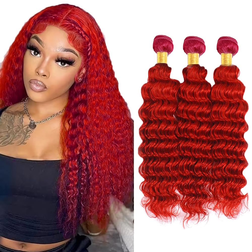 Red Bundles GveoXvo Red Human Hair 14 16 18 inch Unprocessed Virgin Mixed Length Burgundy Bundle Hair Extensions