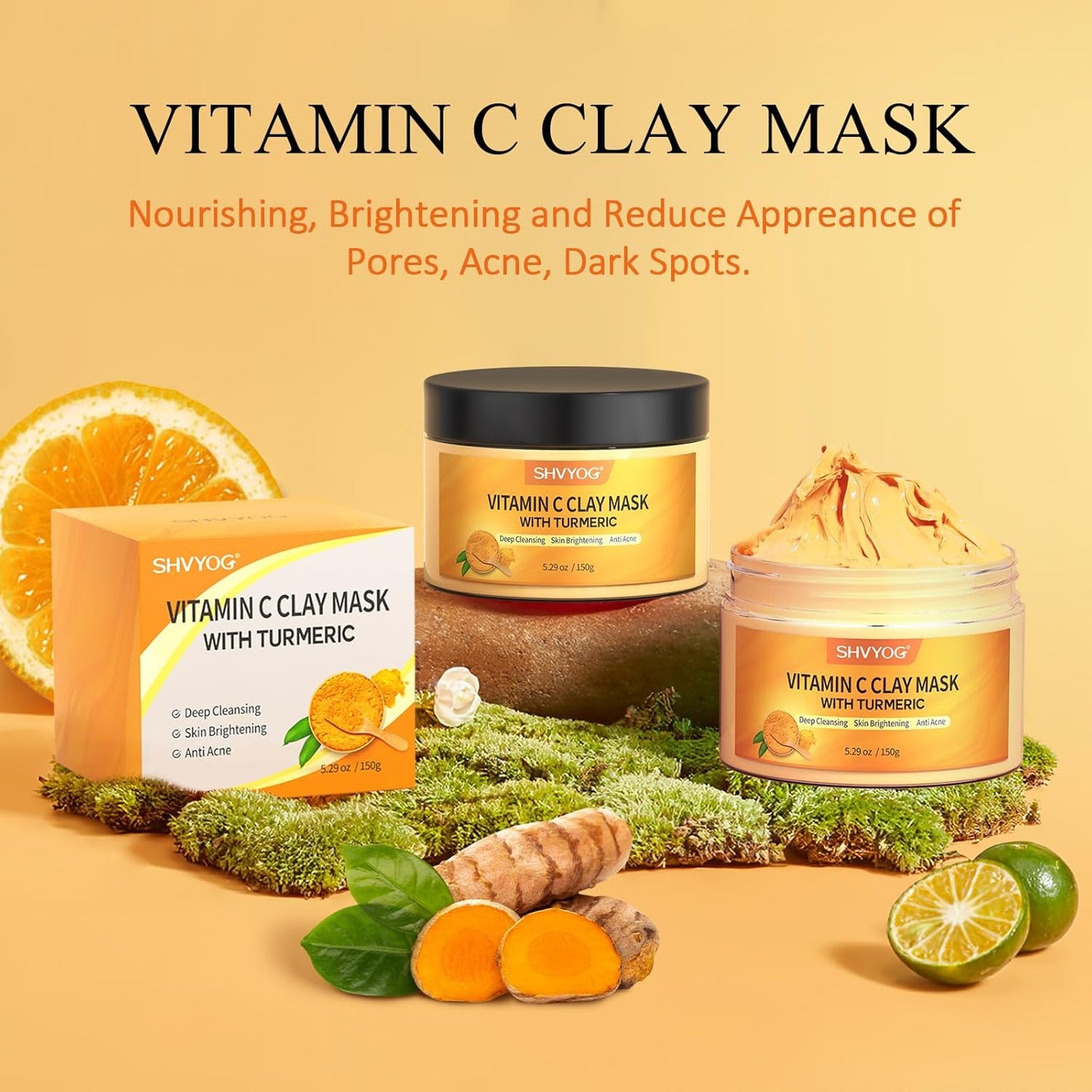 Turmeric Vitamin C Clay Mask - Deep Cleansing Facial Mask for Dull & Blemish-Prone Skin | 5.29 Oz (150g)