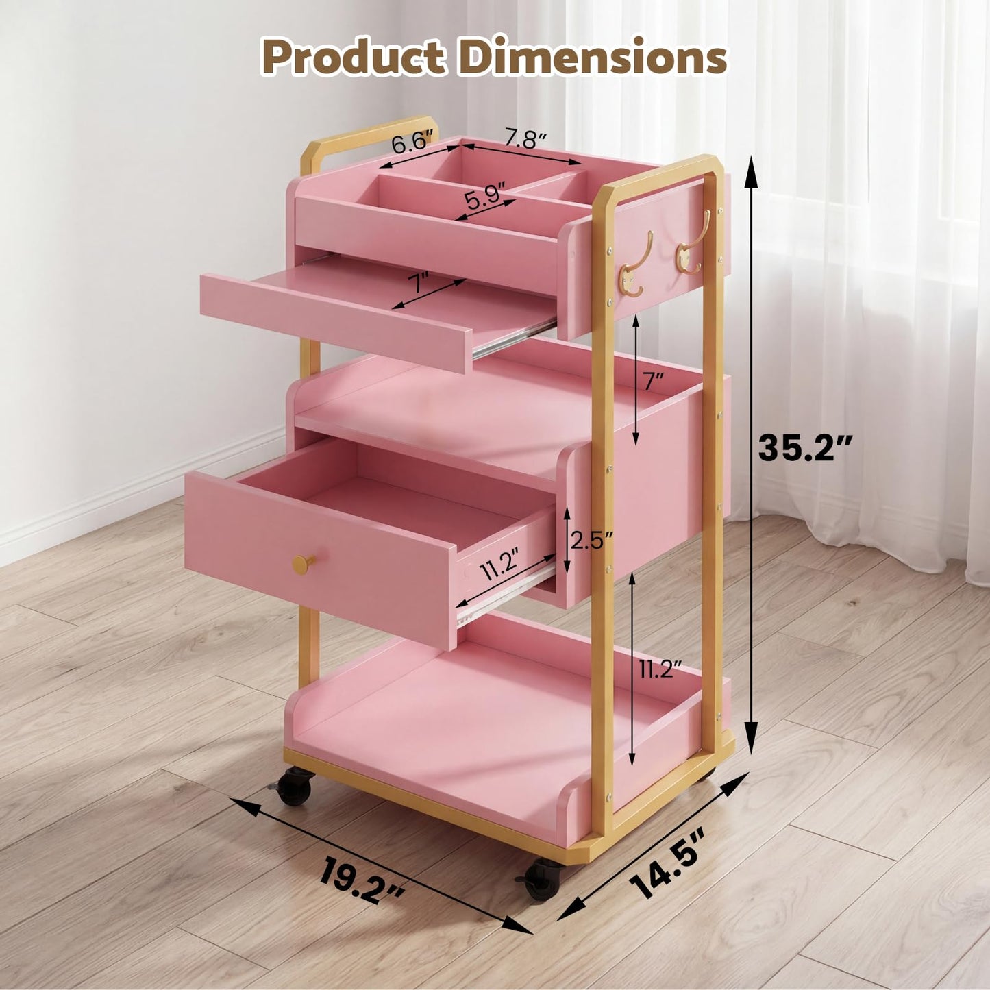 Salon Spa Cart with Wheels & Drawer, 3-Tier Rolling Beauty Storage Cart with Slide-Out Tray, Mobile Salon Cart for Esthetician, Beauty Salon and Spa Use (Pink)