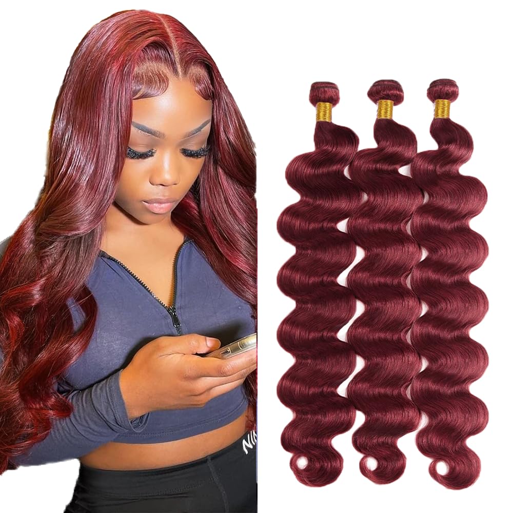 #99J Wine Red Human Hair Bundles Body Wave Bundles 26 26 26 Inch Burgundy Unprocessed Brazilian Virgin Hair 3 Bundle 50 Gram Per Bundle Deals Quick Weave Hair Extensions
