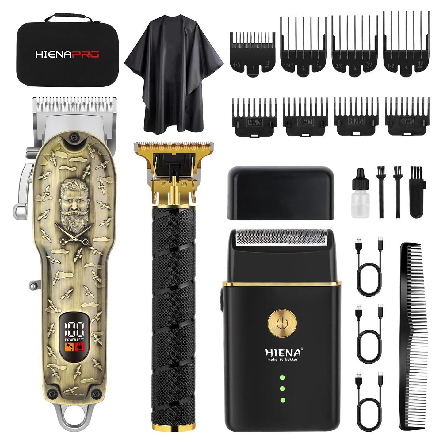 HIENA PRO Barber Clipper Set & Trimmer Kit for Men, Professional Electric Foil Shaver and Beard Trimmers, Men's Facial Grooming Tool, USB Charging, Perfect Gifts for Men