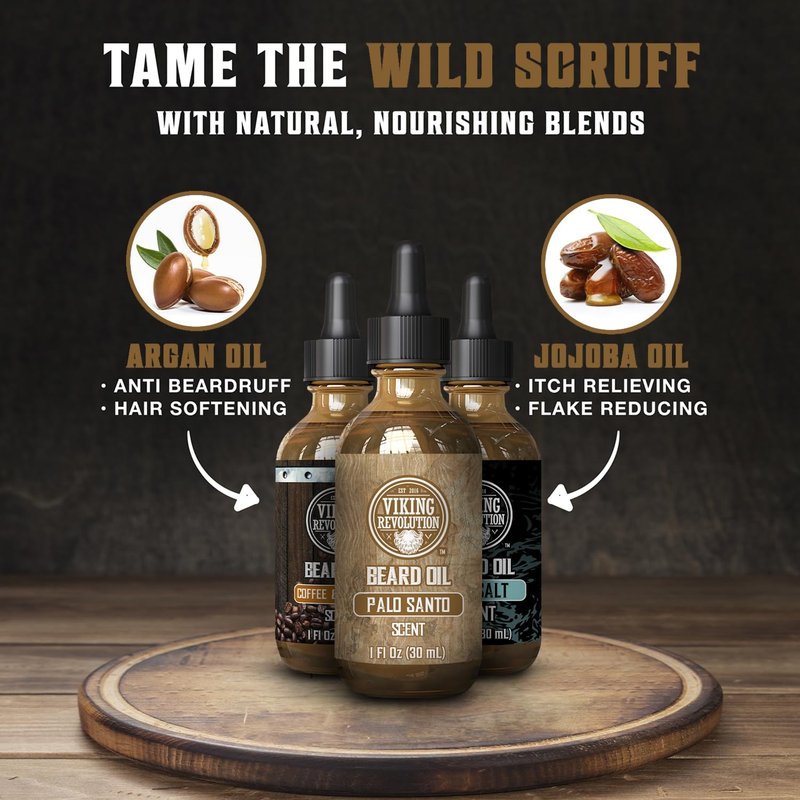 Viking Revolution Beard Oil for Men 3 Pack - Natural Mens Beard Oil Variety Set - Coffee & Whiskey, Palo Santo, Sea Salt Scents - Beard Conditioning and Moisturizing for a Healthy Beard (3 Pack, 1oz)