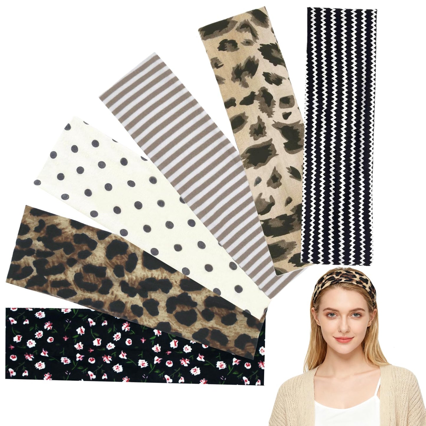 6 Pcs Anti-Slip Elastic Headbands for Women, Soft Breathable Fabric Yoga Sweatbands, Leopard, Floral & Line Print for Fitness, Running & Daily Wear