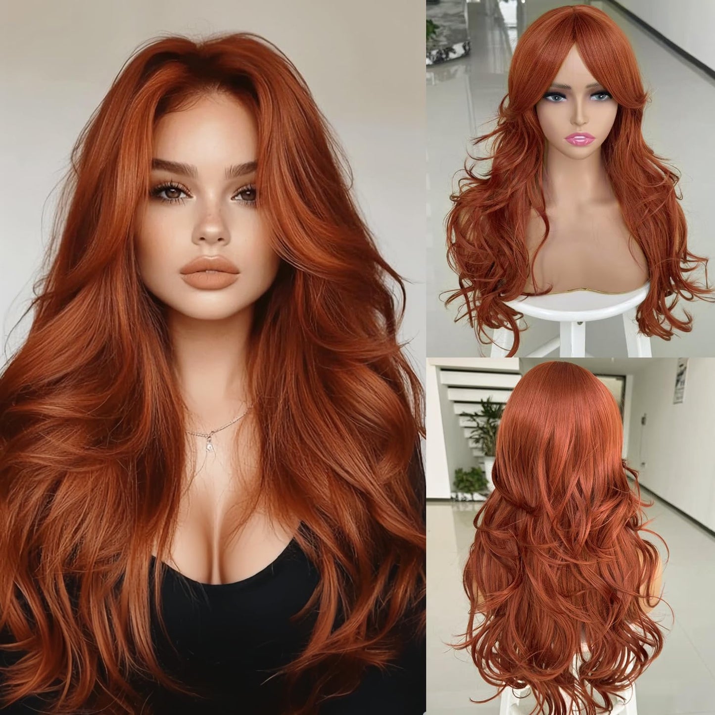Long Black Wavy Wig for Women - Layered Synthetic Hair with Curtain Bangs | 24-Inch Natural Look