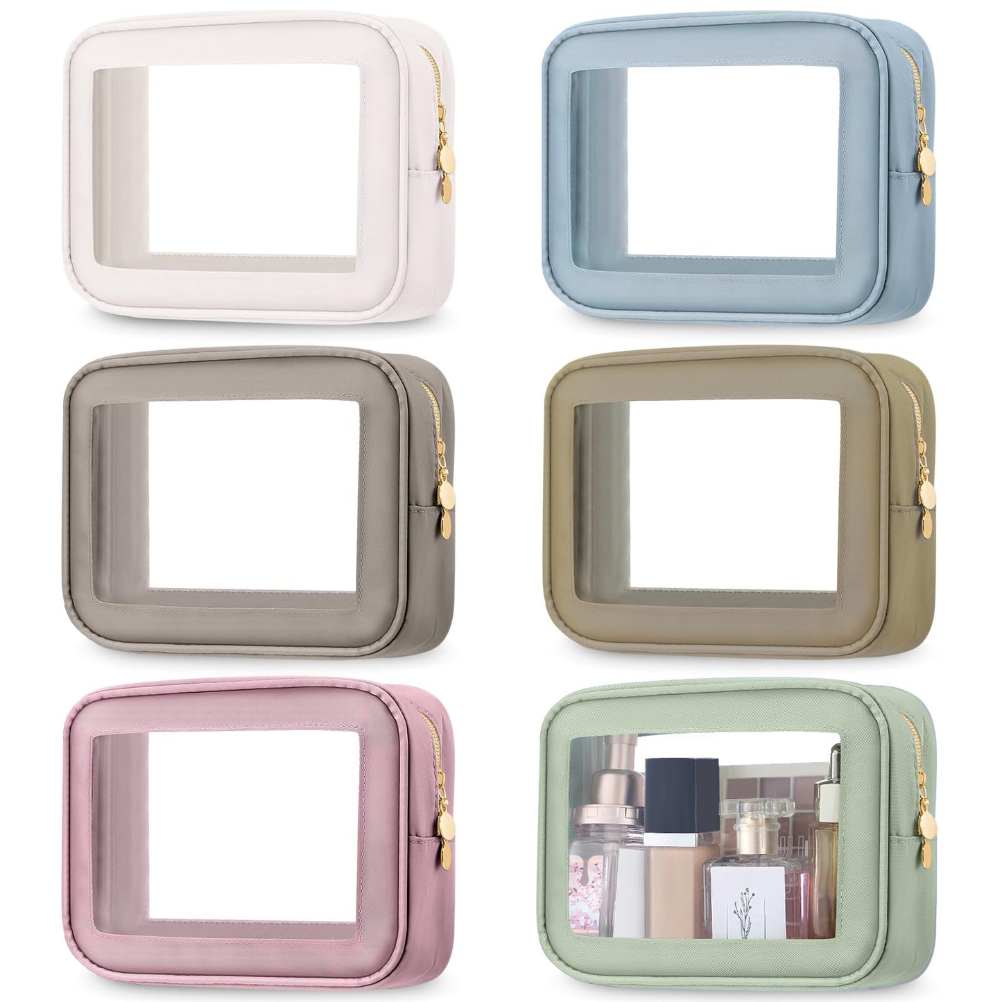 Abbylike 6 Pcs Clear Makeup Bags Travel Nylon Clear Mix Color Toiletry Bag Bulk Car Organizer Case Waterproof Toiletry Pouch with Golden Zipper for Teacher Mother Women Wedding Gift