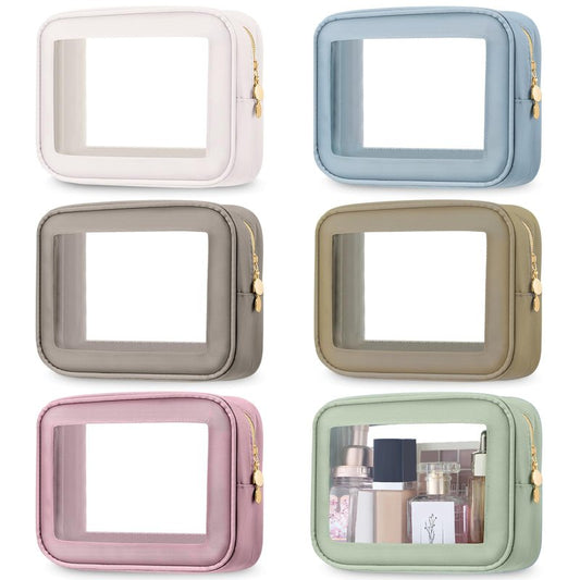 Abbylike 6 Pcs Clear Makeup Bags Travel Nylon Clear Mix Color Toiletry Bag Bulk Car Organizer Case Waterproof Toiletry Pouch with Golden Zipper for Teacher Mother Women Wedding Gift