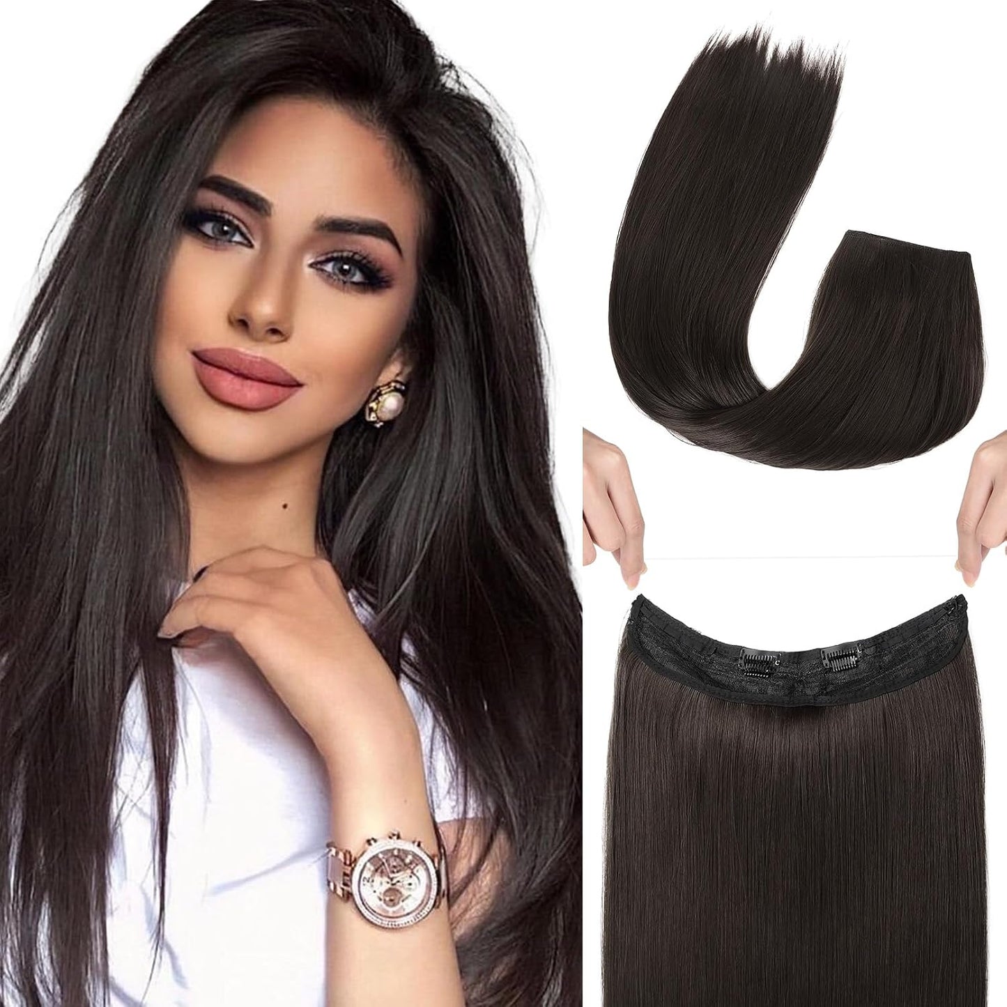 Invisible Wire Hair Extensions - Adjustable Transparent Headband with Secure Clips | Natural Black Hairpiece for Women