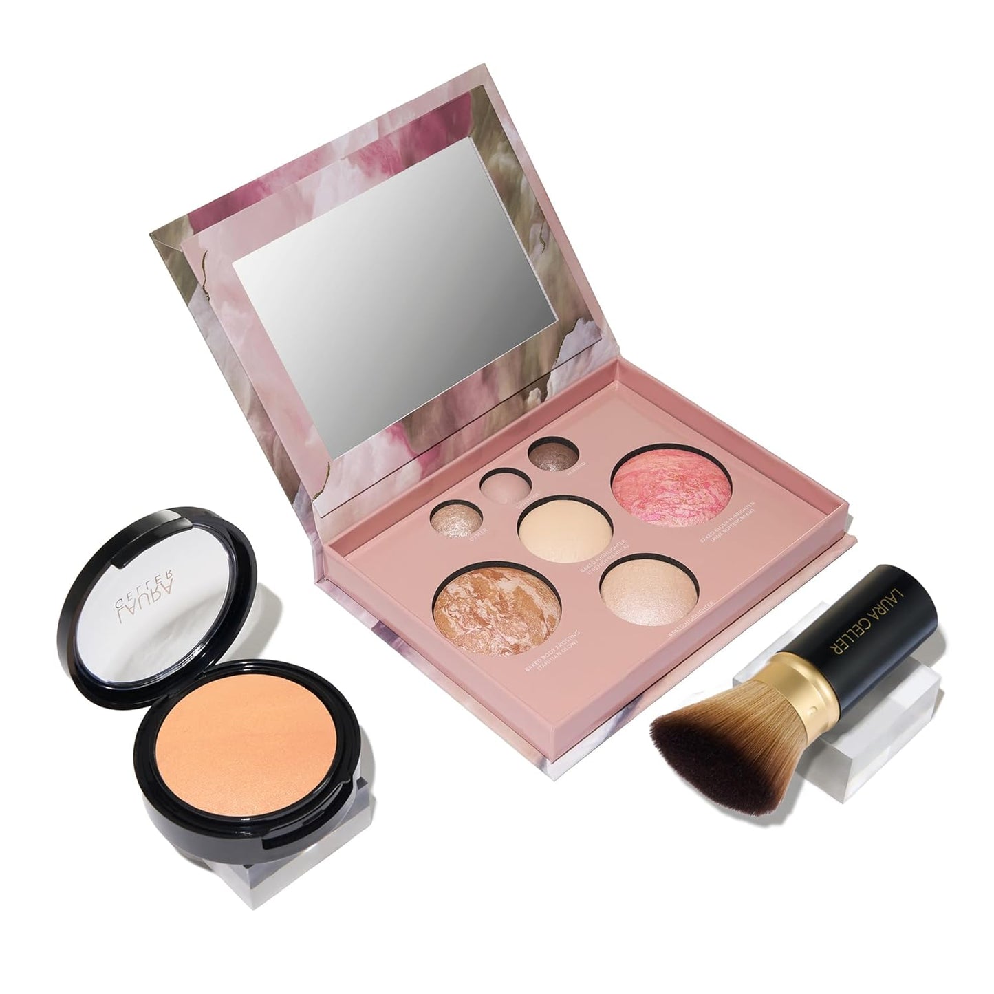 Laura Geller Baked Starter Kit - Full Coverage Double Take Powder Foundation & Face Palette | Retractable Kabuki Brush (01 Porcelain)