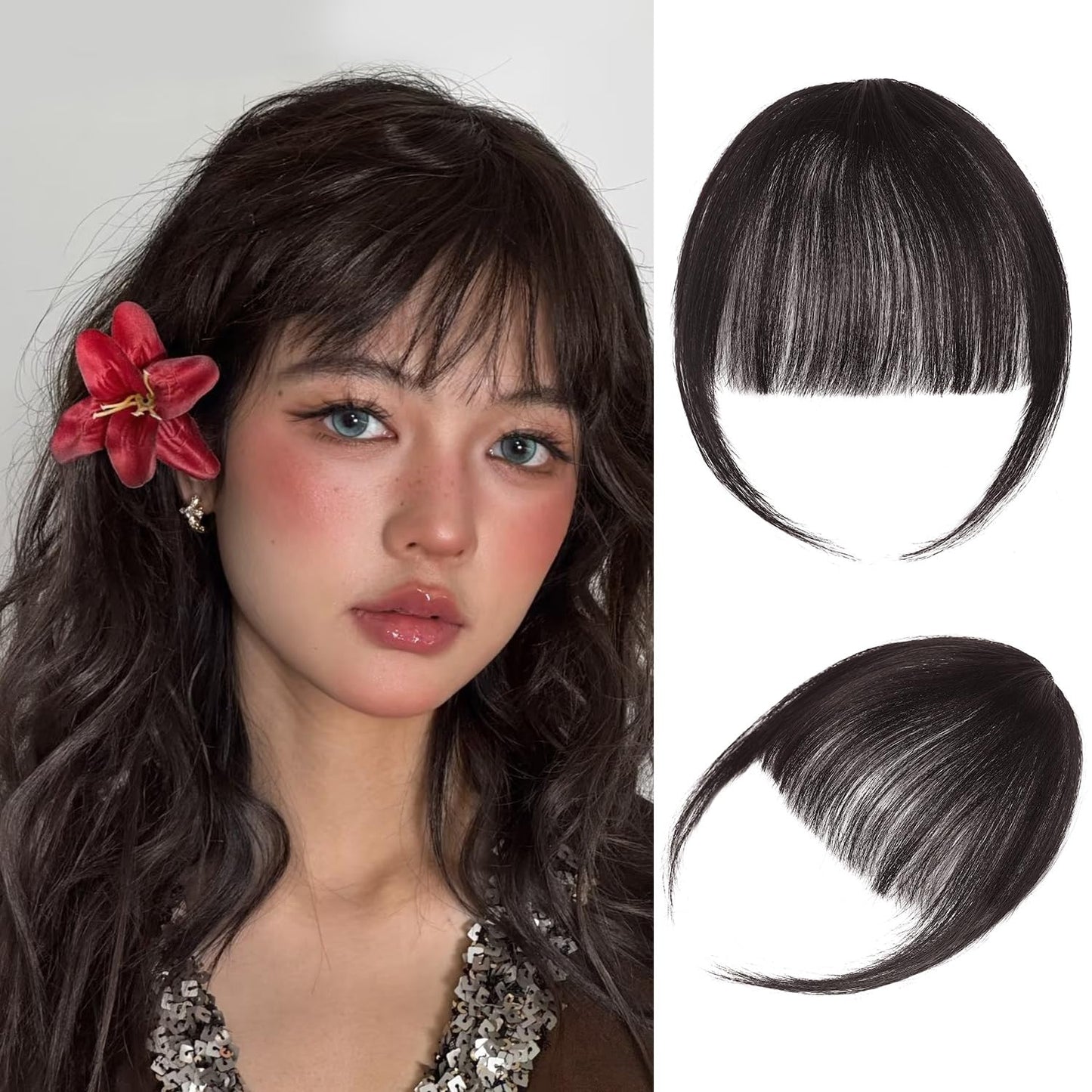Clip In Bangs - 100% Real Human Hair Extensions | Wispy Dark Brown Fringe for Women