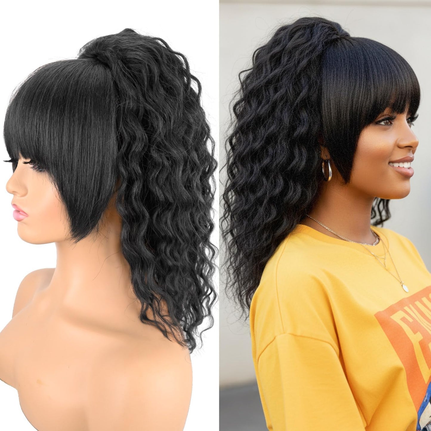 Ponytail Extension with Bangs - Yaki Curly 20 Inch Drawstring Hairpiece | Wavy Layered Synthetic Ponytail for Women