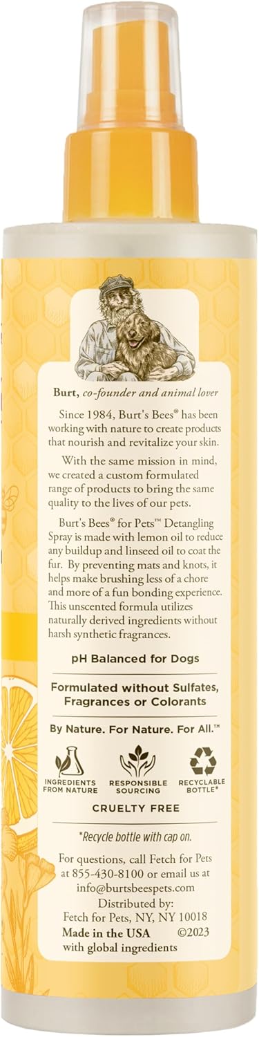 Burt's Bees Dog Detangling Spray - Natural Leave-in Coat & Deodorizing Grooming Spray | 10 Fl Oz, pH Balanced
