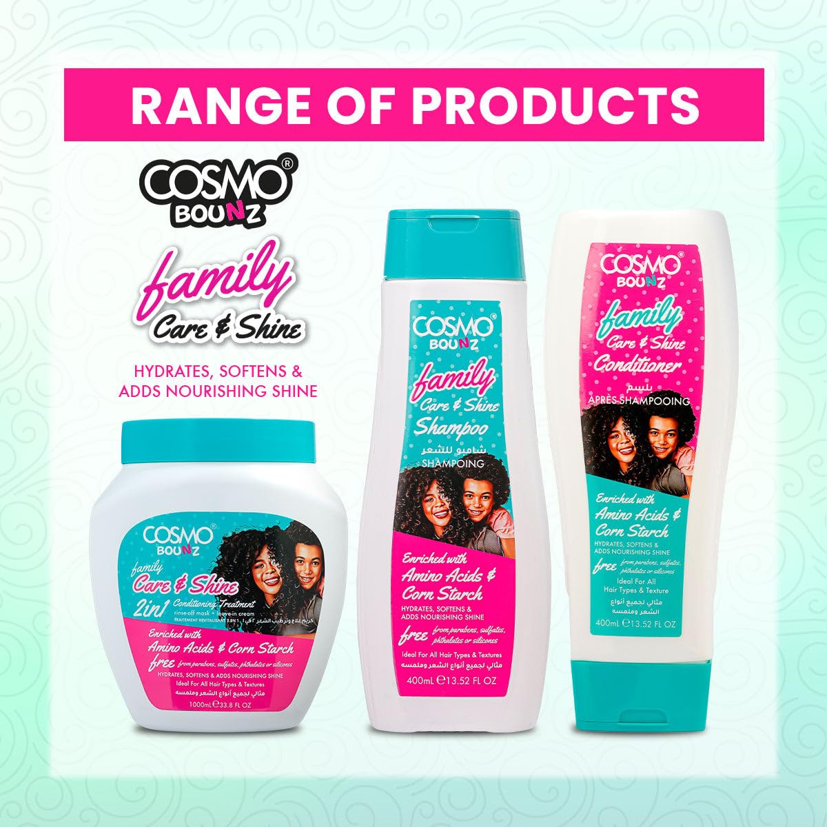 Cosmo Bounz Hair Care Family Care & Shine 2 In 1 Conditioning Treatment 1000ml White, Gentle Nourishing Hair Treatment Cream, Softening, Detangling, Shine Enhancing Daily Use, For All Hair Types