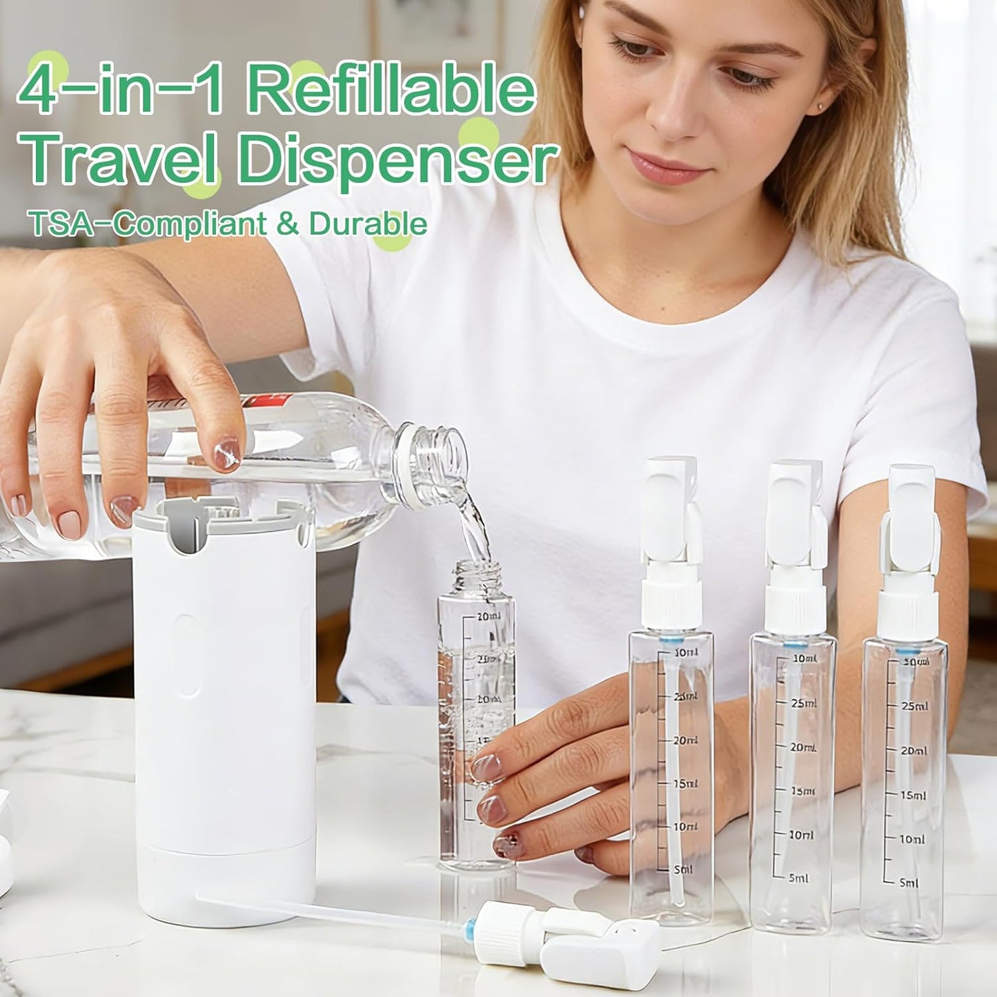 Travel Dispenser Bottle - 4-in-1 Leak-Proof TSA Approved Toiletry Container | Portable Hard Shell with Scale & Labels (White)