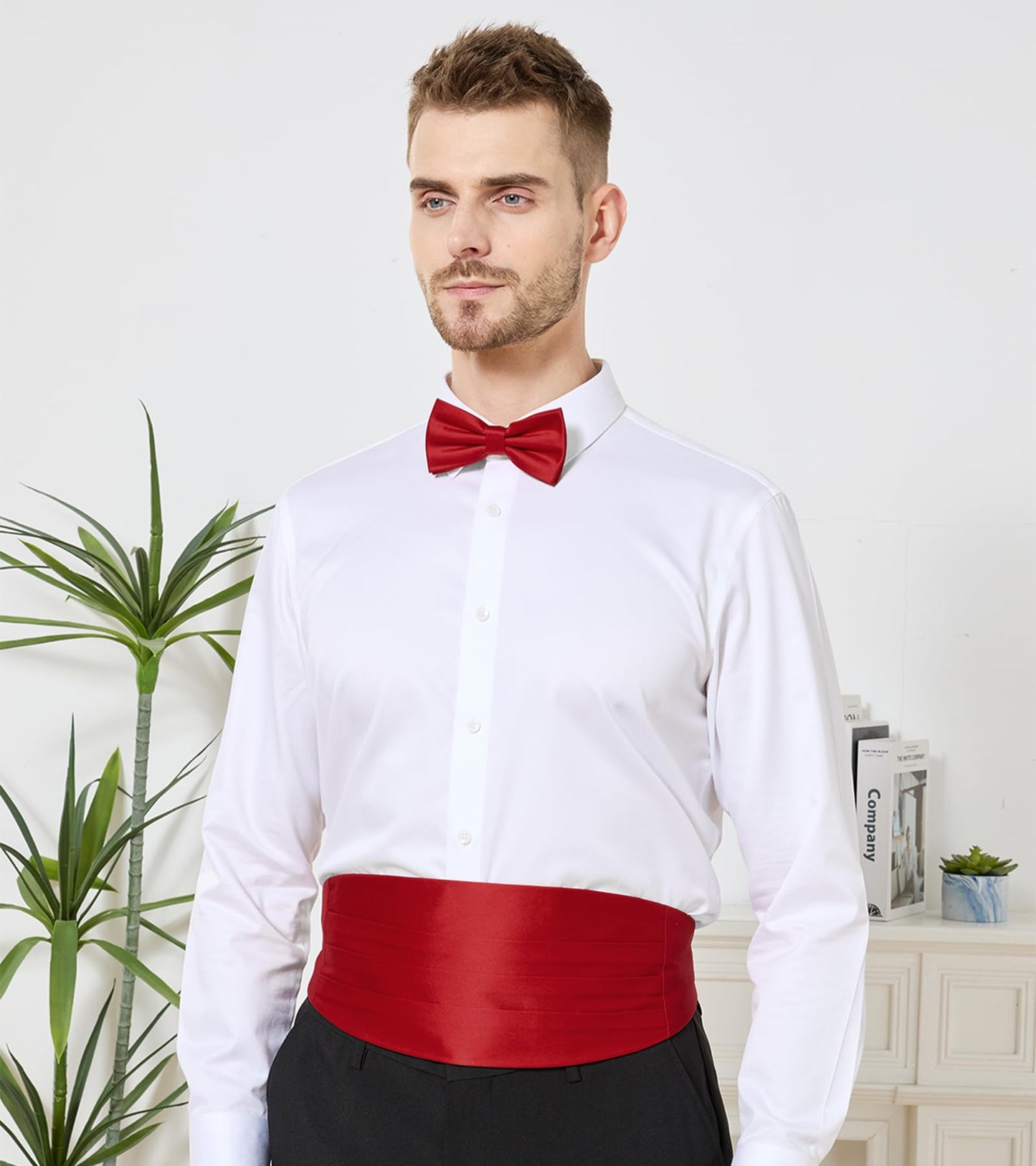 PenSee Mens Formal Solid Pre-tied Bow Tie & Pocket Square & Cummerbund Set Tuxedo Bow Ties for Men Red Medium