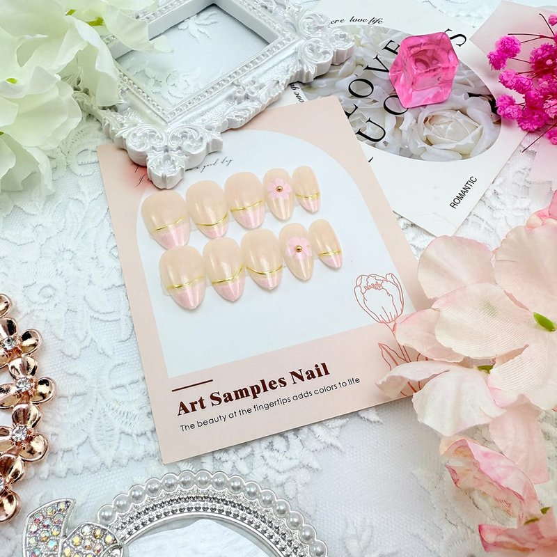 Floral Press-On Nails - 24 Pcs Short Almond French Tip | 3D Flower Designs, Nude Pink, Reusable Acrylic