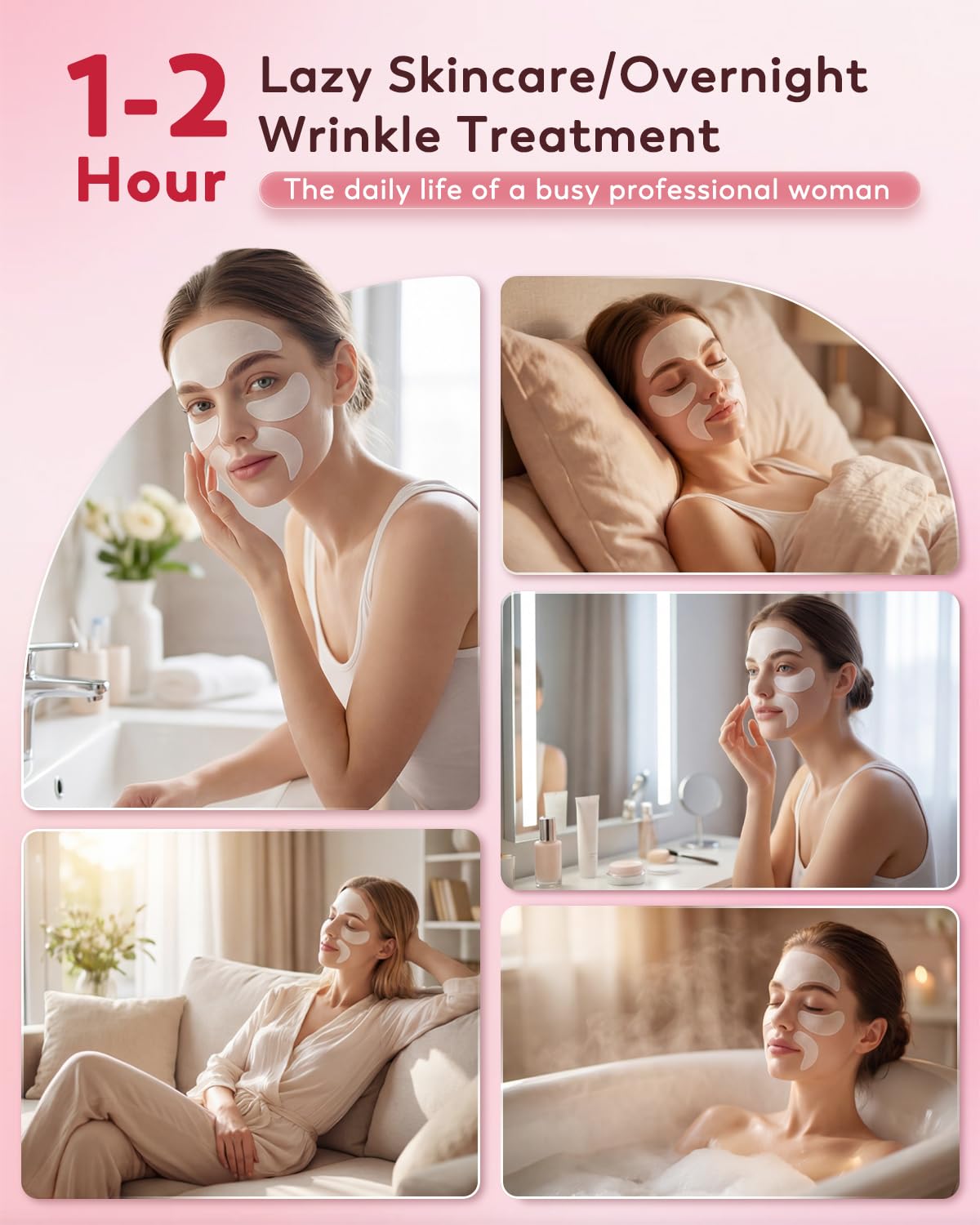 Facial Wrinkle Patches - 3 in 1 Collagen & Hyaluronic Acid Treatment | 60 Overnight Hydrogel Patches for Forehead & Smile Lines