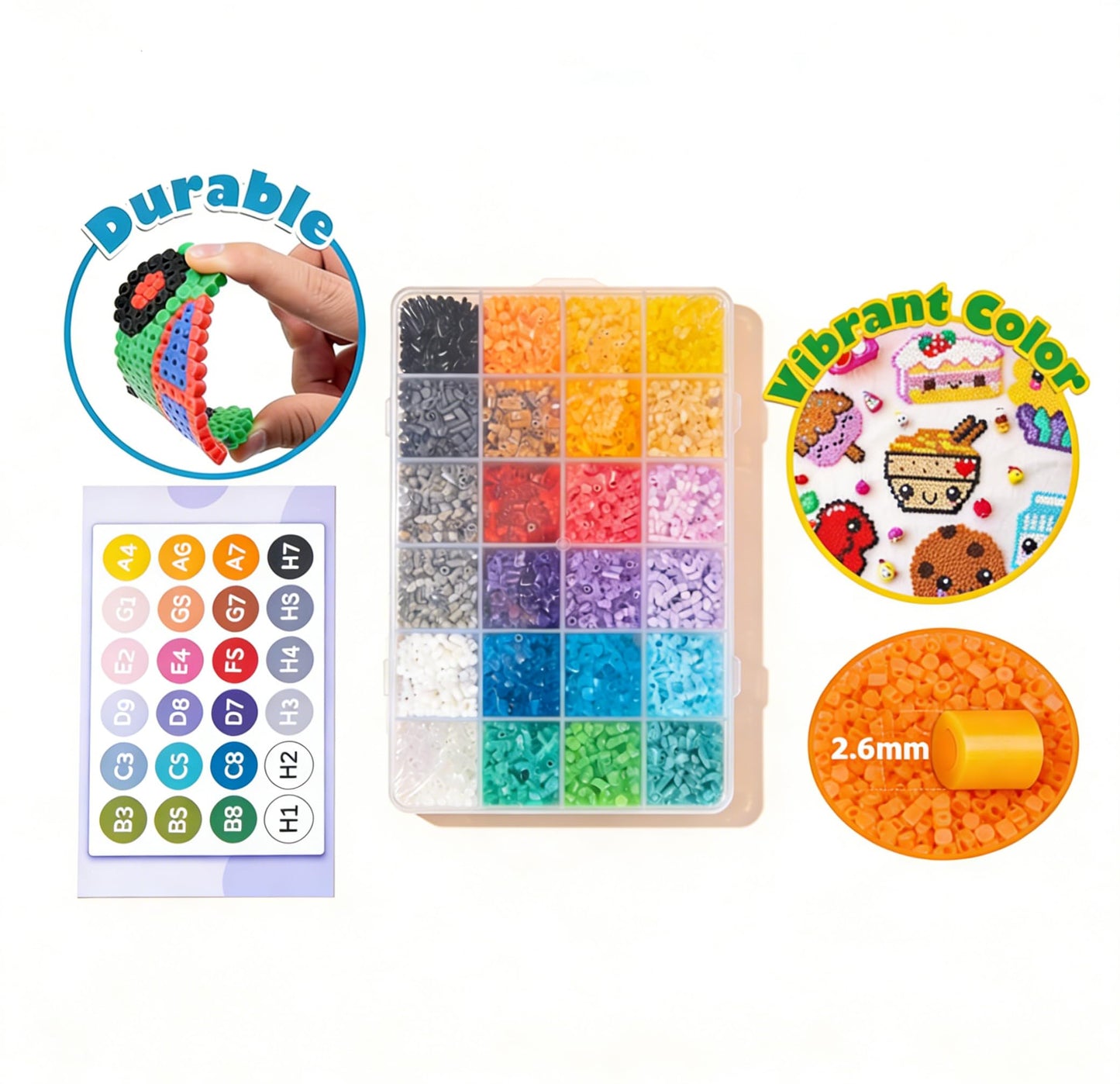 7200 pcs Fuse Beads Kit,2.6mm Mini DIY Craft Puzzle with 1 Color Card,24 Vibrant Colors,1.5 High Box with Approx 300 Beads per Grid,Pixel Art Craft Supplies for Adult Crafters