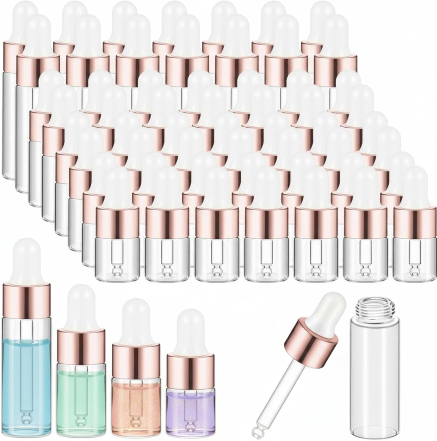 Mini Glass Oil Dropper Bottles - 100 Pcs 1 ml Clear Essential Sample Containers | Travel-Friendly Perfume Vials with Caps