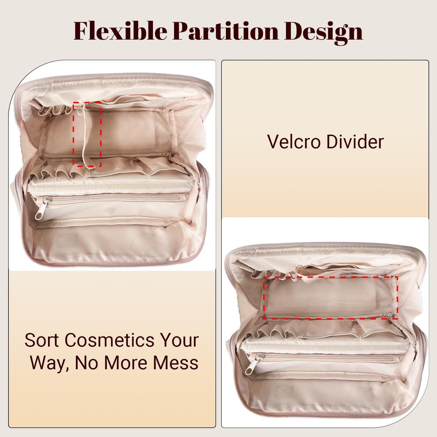 seektik Standing Makeup Bag for Women Large Waterproof Cosmetic Bags with Compartments Foldable Travel Make up Storage Bag Organizer for Toiletries & Brushes with Detachable Dividers (Light Pink)